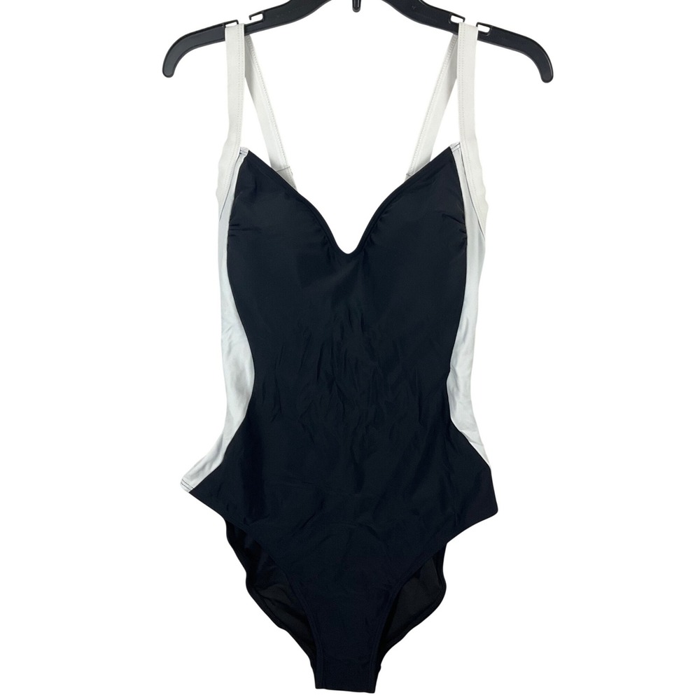 Eomenie Womens Black White Colorblock Lace Up Back One Piece Swimsuit Size L NWT